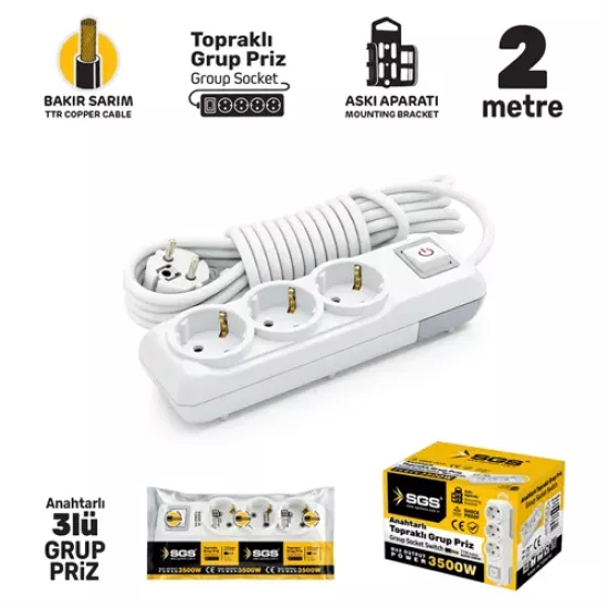 GRUP PRİZ TOPRAKLI ANAHTARLI ÜÇLÜ 2 METRE