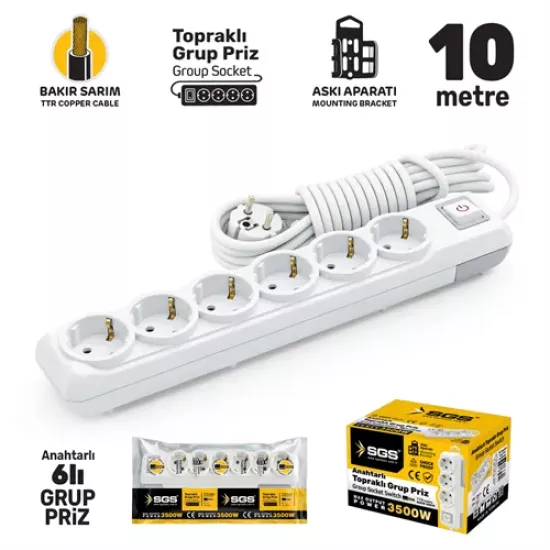 GRUP PRİZ TOPRAKLI ANAHTARLI ALTILI 10 METRE