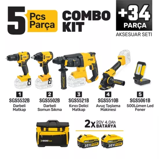 COMBO SET 5 PARÇA (Darbeli Matkap/Kırıcı-Delici Matkap/Avuç Taslama Makinesi/Darbeli Somun Sıkma/Led Fener)