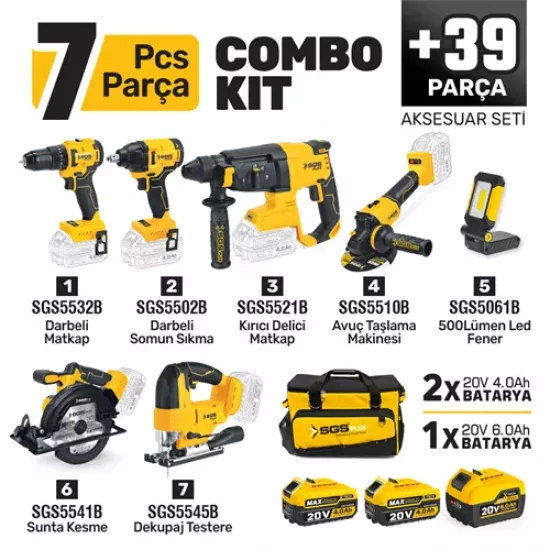 COMBO SET 7 PARÇA (Darbeli Matkap/Kırıcı-Delici Matkap/Darbeli Somun Sıkma/Avuç Taslama Makinesi/Sunta Kesme/Dekupaj Testere/Led Fener)