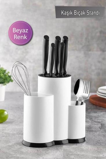 Tezgah Üstü Bıçak Standlı Bölmeli Plastik Kaşıklık Beyaz