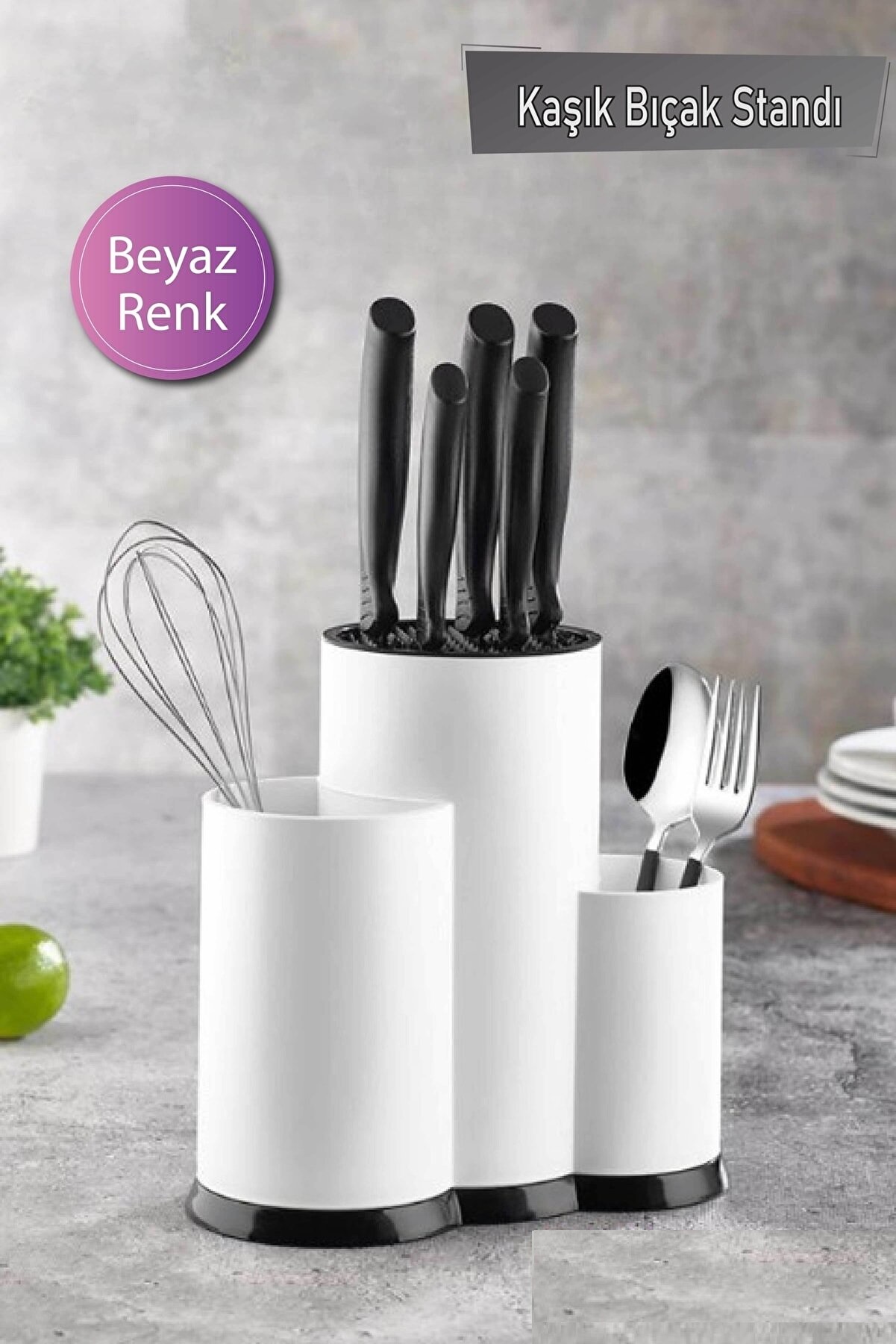 Tezgah Üstü Bıçak Standlı Bölmeli Plastik Kaşıklık Beyaz