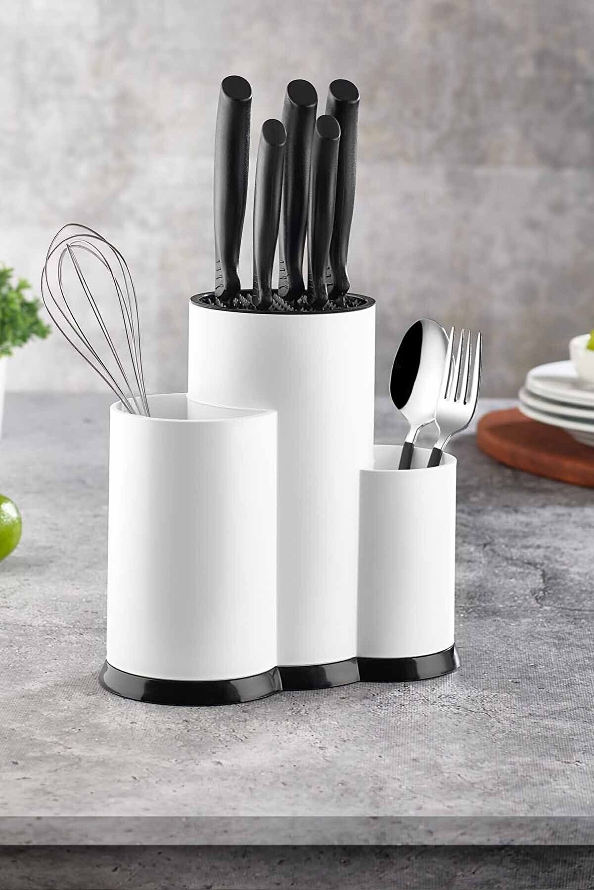 Tezgah Üstü Bıçak Standlı Bölmeli Plastik Kaşıklık Beyaz