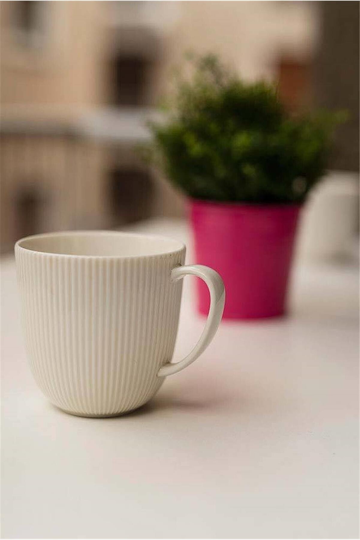 Yeni Trend Porselen Çizgili Kupa Büyük Mug Bardak 9 cm 310 ml