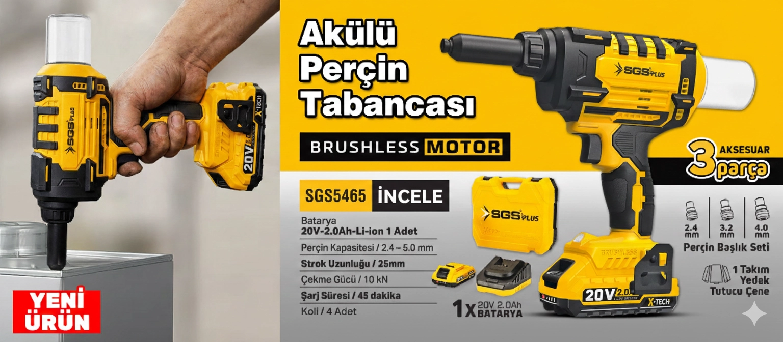 sgs 5465, akülü perçin tabancası, kömürsüz perçin tabancası, brushless perçinleme, 20v akülü el aletleri, profesyonel perçin tabancası, biterse sgs setleri