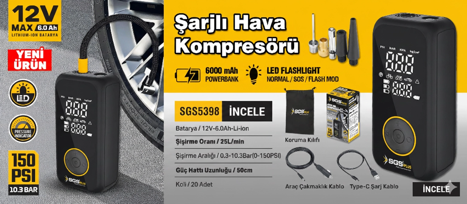 sgs 5398, şarjlı kompresör, taşınabilir powerbank, araç hava pompası, dijital kompresör, sgs lastik şişirme, biterse oto aksesuarları, 12v 6ah kompresör, kamp tipi kompresör, akıllı hava pompası